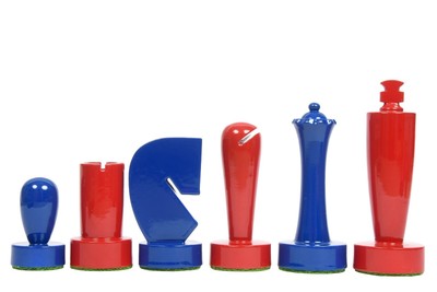 Berliner Modern Minimalist Chess Pieces in Red & Blue Painted Boxwood- 3.7'' King