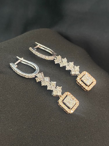 1.80 Cts Round Brilliant Cut Natural Diamonds Dangle Earrings 14K Two-Tone Gold - Picture 13 of 15
