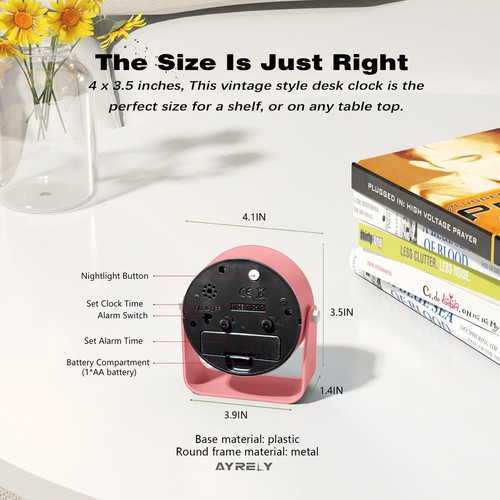 ® 3.5 Inch Small Analog Alarm ClocksBattery Operated Desk ClockCute Table Clo... - Picture 7 of 7