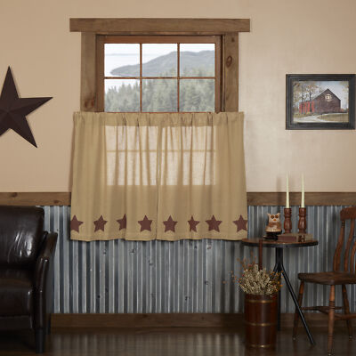 Primitive 36''x36'' Stars Tier Pair Tan Rod Kitchen Window Curtains VHC Brands