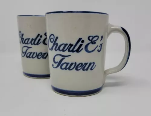 Rare Vintage Louisville Stoneware Coffee Mugs "CHARLIE'S TAVERN" Blue & Gray 4"