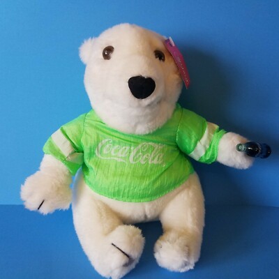 Vintage 2001 Coca-Cola Polar Bear 7'' Plush in Bright Green Jersey w. Bottle