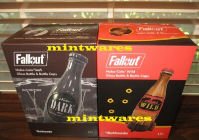 Fallout Nuka Cola Dark + Wild Glass Rocket Bottle & 20 Caps Bundle Set NEW