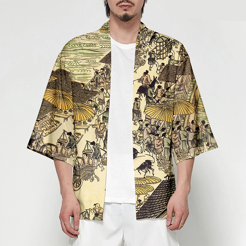 Unisex 3/4 Ärmel Strickjacke Kimono Bedruckt Top Lockere Bluse Sommer Yukata - Bild 1 von 4