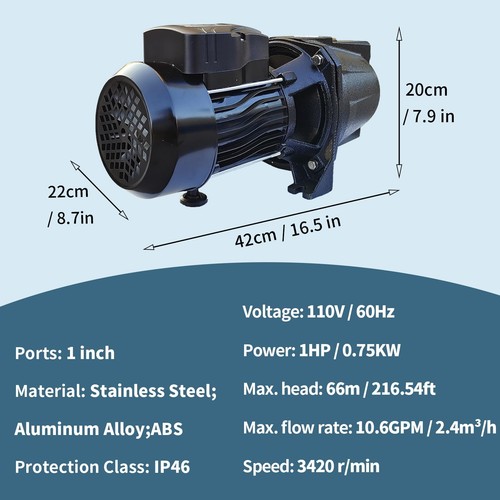 110V 1HP Shallow Well Jet Pump Stainless Steel Jet Water Pump 10.6GPM 216.54Ft - Picture 2 of 7