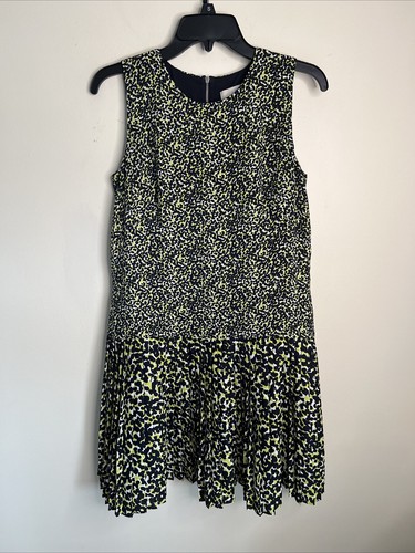 Loft Women's 8 Black Green White Print Sleeveless Pleaded Flowy Boho Dress