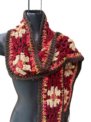 Vintage 80s Crochet Hippie Scarf Floral Tassel Knit Boho Festival