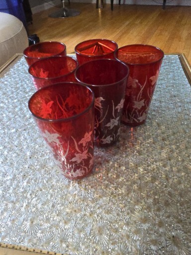 Anchor Hocking Tumblers Glasses Ruby Red White Lilies Vtg Mid Century Juice 6pcs