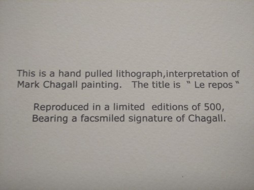 Marc Chagall Signed L.E. Reprint 136/500 Colored Lithograph Pair Lovers, 43 x 60 - Picture 9 of 9