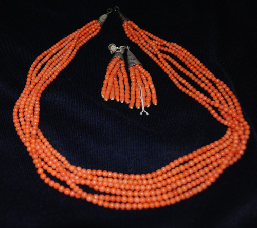 X-Pawn 1970s. Zuni Coral Heishi 6 Strand with earrings, 3 all sterling cone tops