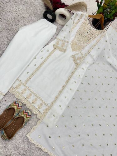 Designer Chinnon Silk Salwar Kameez With White Dupatta For Women/Girls Wear - Picture 4 of 9