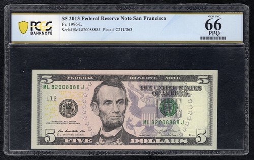 FR. 1996-L 2013 $5 FRN SAN FRANCISCO, CA PCGS BANKNOTE GEM UNCIRCULATED-66PPQ - Picture 1 of 2