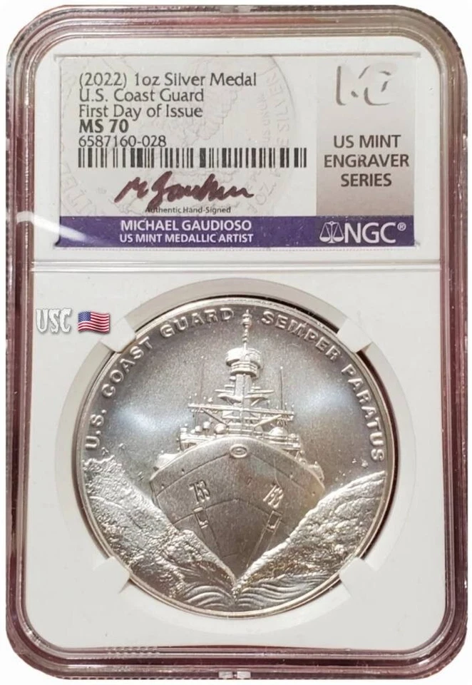 2022-S 1 Oz Silver US COAST GUARD NGC MS70 FDOI Michael Gaudioso Signature Medal - Image 3 of 4