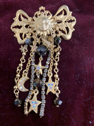 Vtg Kirks Folly Celestial Sun Moon Shooting Stars Jeweled Gold Tone Brooch