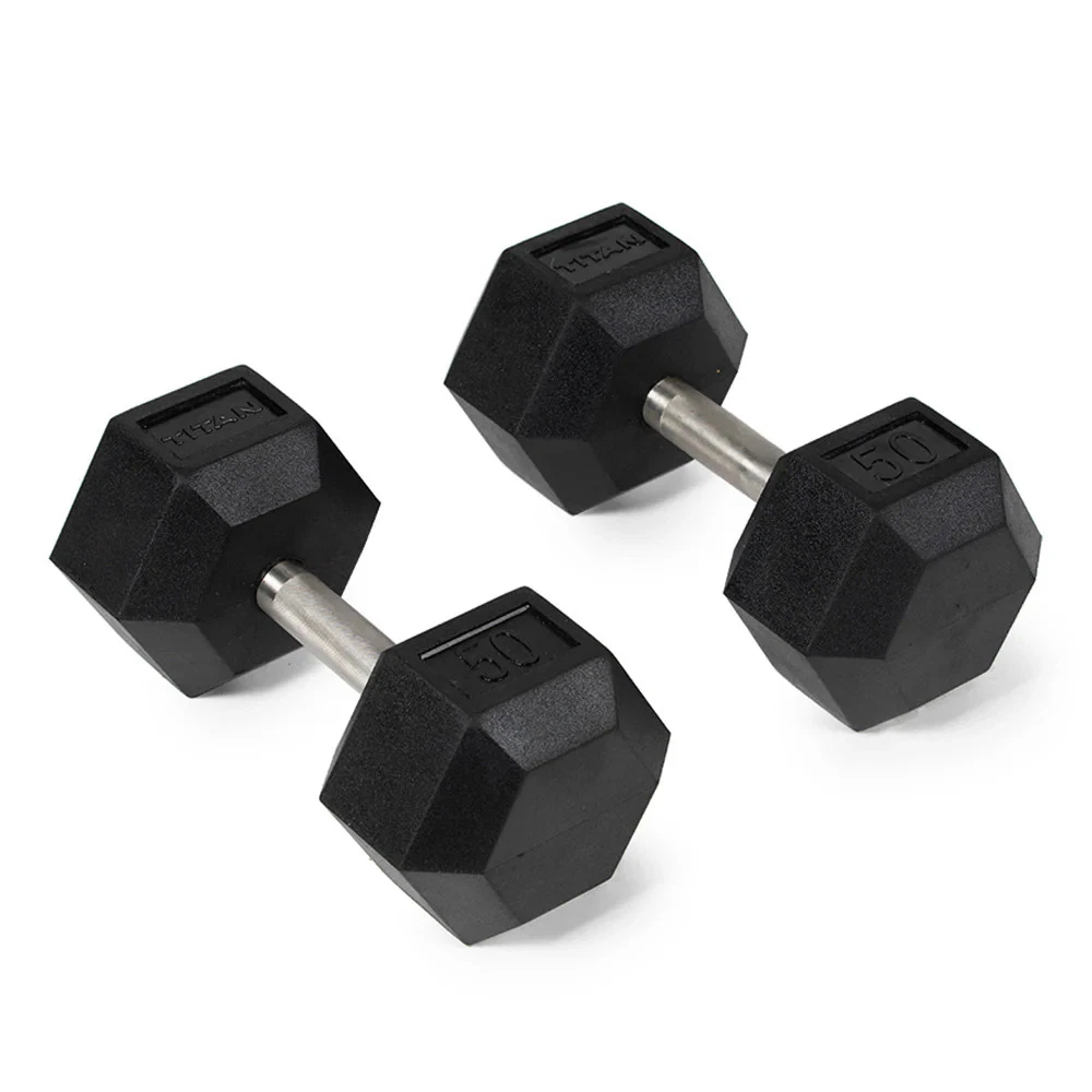 Titan Fitness 50 LB Pair Free Weights, Black Rubber Coated Hex Dumbbell, Straigh