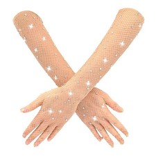 Rhinestone Long Fishnet Gloves, Arm Sleeves Elbow Length Rave Flesh-colored