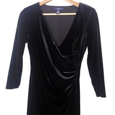 Chaps Dress Size 4 Bodycon Black Velour Faux Wrap Long Sleeve Witchy Whimsigoth