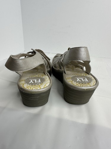 Fly London Yapi Leather Lace Up Wedge Sandals Women Sz 40W 9-9.5 US Silver Taupe - Picture 3 of 14