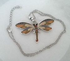 New Silvertone Detailed Earthtones Enamel & Crystal Accented Dragonfly Necklace