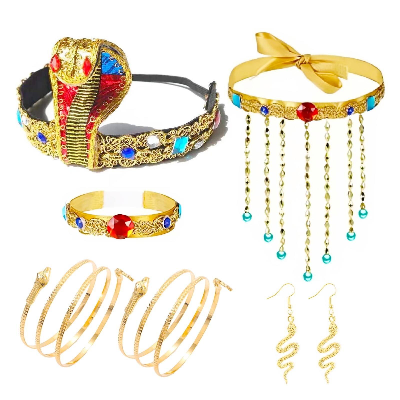 Accessoires de Costume Égyptien de Cléopâtre Set de Coiffure d'Halloween et Bijoux Dorés