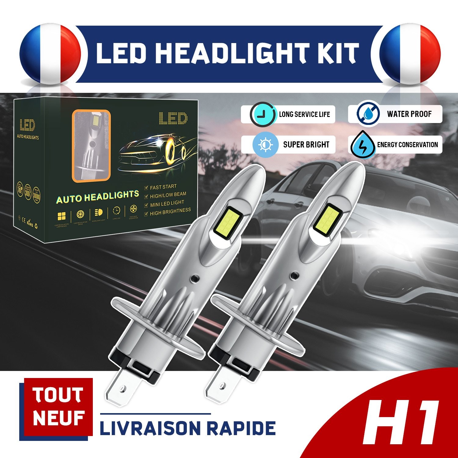 Feux H1 DEL voiture 12v blanc lampe phare automobile 100W 10000LM kit de conversion ampoule