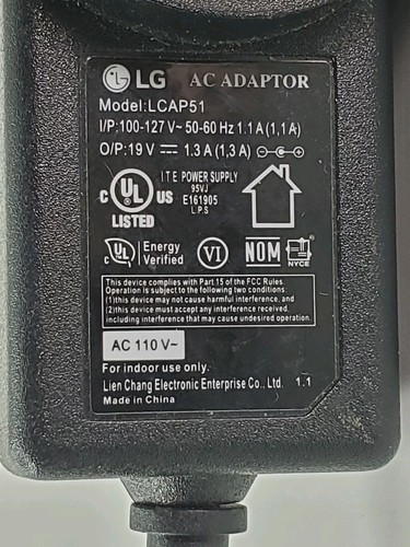 OEM Genuine Original LG LCAP51 Monitor AC Adapter Power Supply 19V 1.3A - Photo 3/3