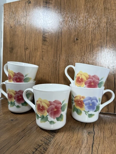 Corning Ware Corelle Summer Blush Pansy Mugs/Cups - Set of 5