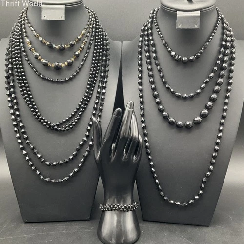 Vintage Costume Jewelry Lot of 8 Black Glass Faceted Bead Necklaces & Bracelet