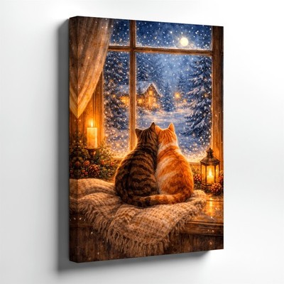 Wall Art Cozy Cats by Window Snowy Winter Night Candle Lantern Cabin Print Decor
