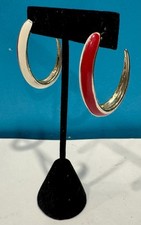 Vintage Cream Red Enamel On Gold Tone 3/4 Hoop Earrings 1980s Business Wear