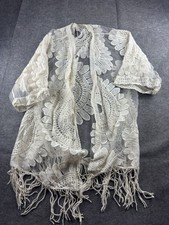 Chico's Lace Embroidered Fringe Kimono Sheer Duster Cream Women s L/XL Coastal