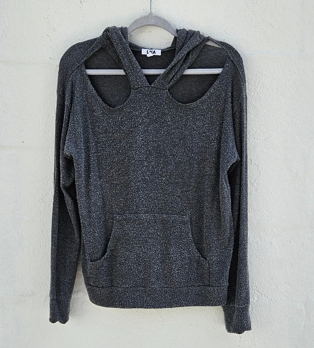 LNA Top Women Size Small Gray Cold Shoulder Cut Out Hoodie Soft Thin Sweatshirt
