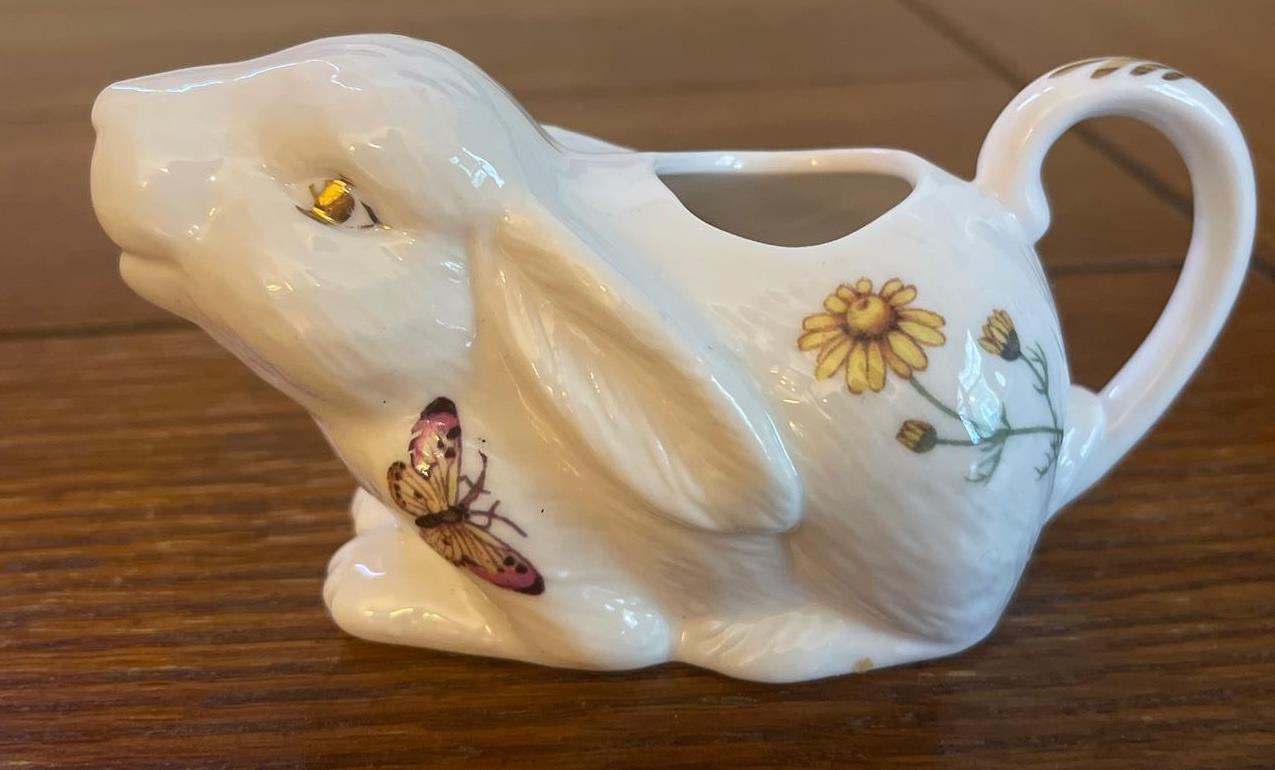 Grace’s Teaware Bunny Creamer Butterflies Flowers Pansy Daisy Gold Trim EUC 5”