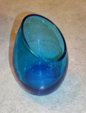Vintage Blue Glass Vase Slanted Cup Votive Candle Holder Mcm Bar Cup