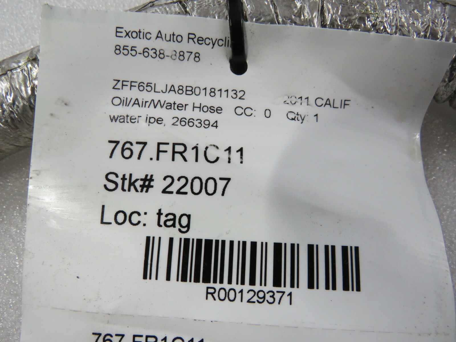 Ferrari California, Transmission Water Delivery Hose, Used, P/N 266394