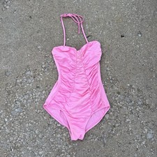 Vintage 70s Union Made Swimsuit Size 9-10/32 Neon Pink Ruched Stretch Solid