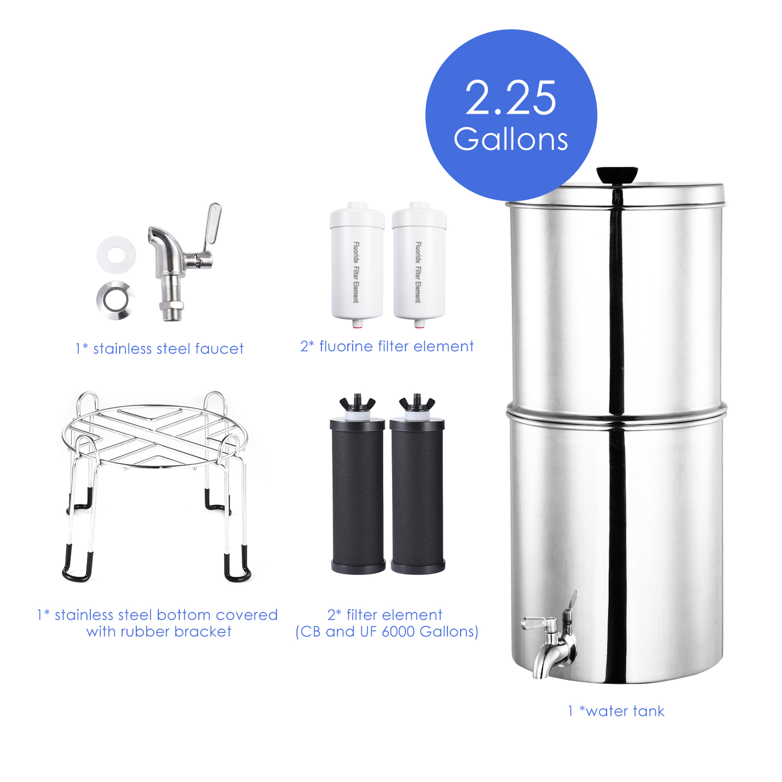 Gravity-fed Water Filter System with 4 Filters 2.25G Stainless-Steel