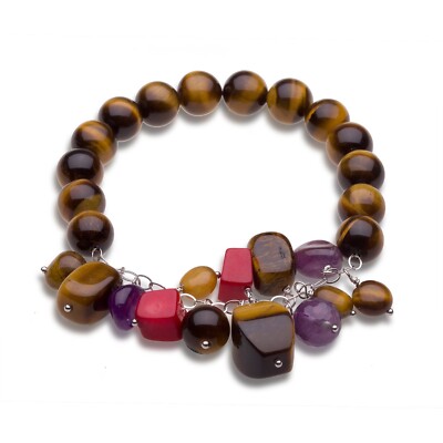 34,95 ctw Tigerauge, Amethyst & Koralle Perlen Stretch Armband 925 Sterling Silber