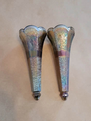2 Scarce Smoke Jeannette Carnival Glass Crackle Car Vases One Damaged