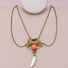 Antique Victorian Edwardian Coral Dog Tooth Pearl Gold Filled Festoon Necklace Antique Victorian Edwardian Coral Dog Tooth Pearl Gold Filled Festoon Necklace