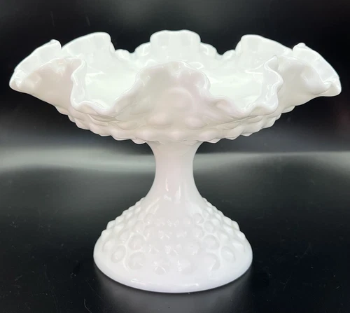Fenton Hobnail Compote Milk Glass Pedestal Candy Dish Ruffled Edge Vintage