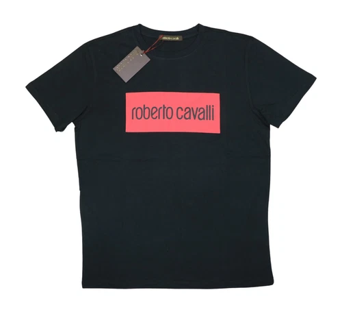 Roberto Cavalli Graphic Print Logo Short Sleeve Crew Neck Mens T-Shirt NWT Black