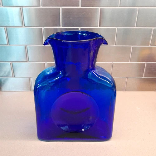 Blenko Water Bottle Cobalt Glass Double Spouted Pitcher 384 Vase Carafe Handmade