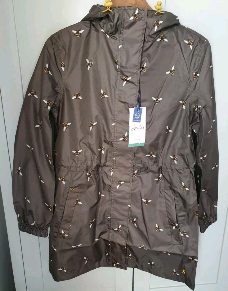 Joules Womens KHAKI BEES Packaway Waterproof Coat Green Bee Size