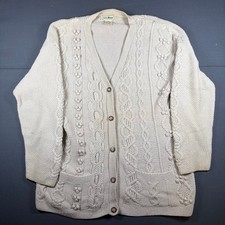 Vintage L.L. Bean Cream Cable Knit Cotton Wool Blend Cardigan Sweater L Womens
