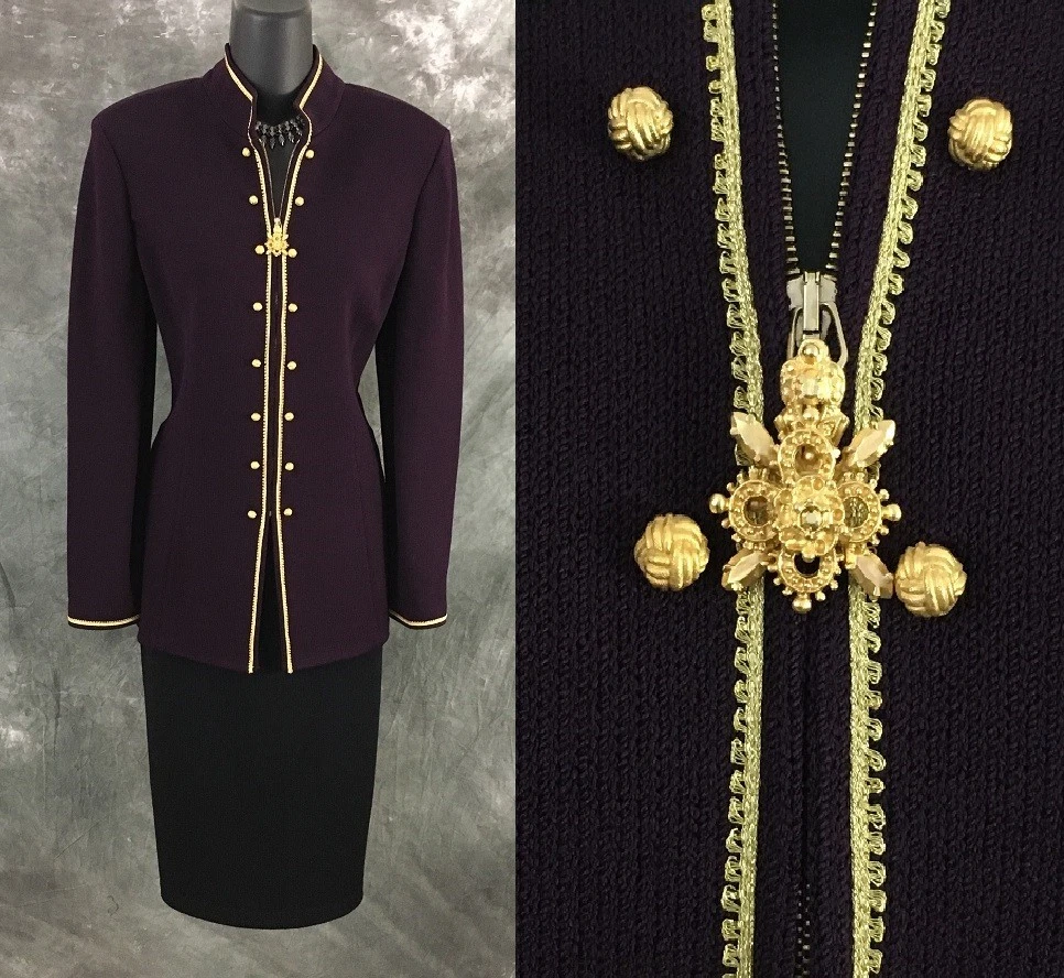 Ensemble 2 Pièces St. John - Blazer Longline Tricoté Et Jupe - Taille 6 - Métallique - Occasion Très Bon état