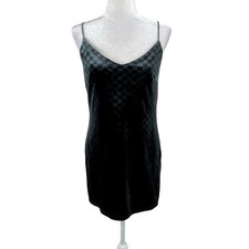 Elodie Dark Gray Velvet Check V Neck Mini Dress Spaghetti Strap Cocktail Party M