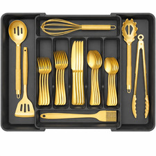 Expandable Silverware Drawer Organizer BPA-Free Adjustable Cutlery Tray Black