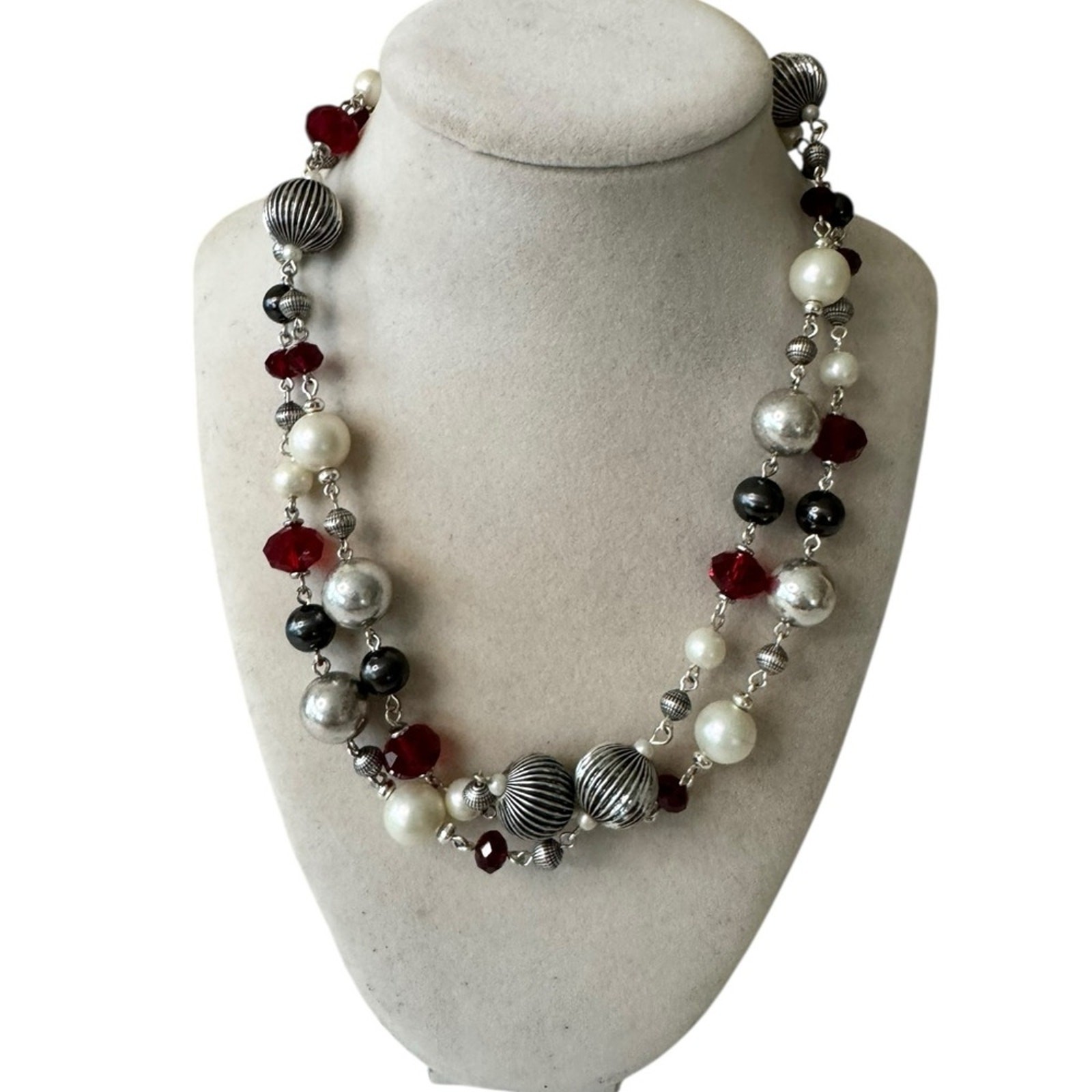 Juicy Couture Women's Silver Tone and Red Beaded Necklace Boho Statement Y2K