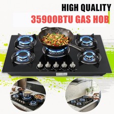 Gas Hob 77cm 5 Burner Ring Tempered Glass Cooker Hob Gas Burner Hob 2 Gas Supply